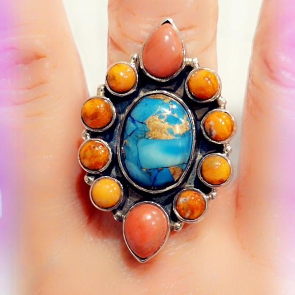 Club Gemstone Jewelry - Spiny Oyster & Turquoise Sterling Gemstone Ring
